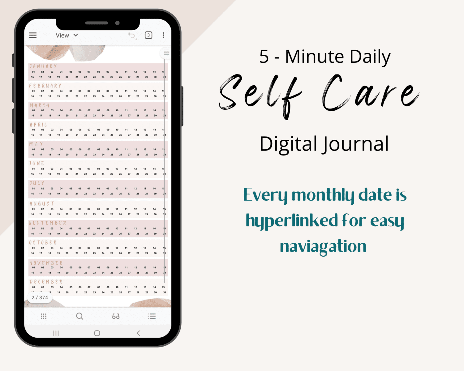 Digital 5 Minute Self-Care Journal index